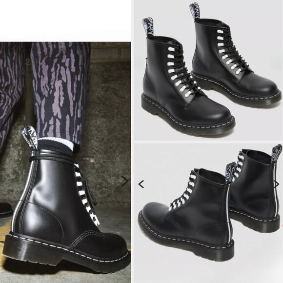 NWT DR MARTENS BOOTS 9 BLACK LEATHER SMOOTH 1460 LACE UP WHITE FAIRY GRUNGE GOTH - Picture 1 of 15